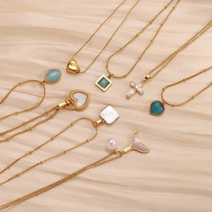 Collection of elegant gold plated stainless steel necklaces with gemstone and pearl pendants