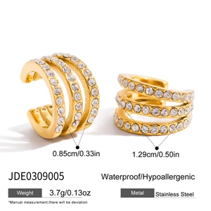 Three-layer 18K gold plated stainless steel ear cuff set with white zircon stones