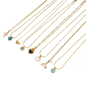Golden titanium steel shell necklace set with pearl, heart and cross pendants