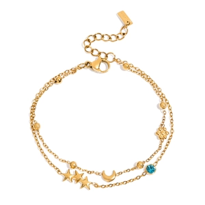 Goldenes zweilagiges Edelstahlarmband mit Stern-, Mondanhängern und blauem Edelstein