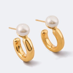 Boucles d'Oreilles Clous Künstliche Perle en Forme de C en Acier Inoxydable Vintage Français Créoles Géométriques Or pour Femme