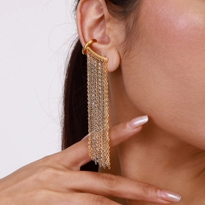 Modern dual-tone tassel ear cuff with gold and silver chains for women in minimalist style