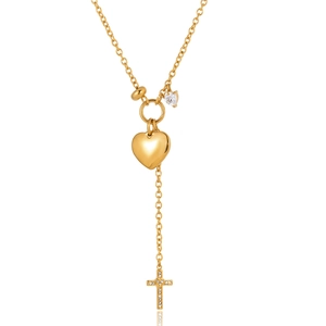 Goldene Y-Halskette mit poliertem Herzanhänger und einem funkelnden Zirkonia-Kreuz