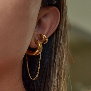 Elegant gold hoop earrings with fine chains and minimalist ear cuffs set for women