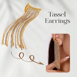 Elegant multi-layer tassel ear cuff in gold and silver mix for a stylish metal dangle look