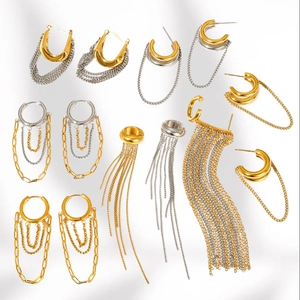 Minimalist double C tassel drop earrings in gold and silver stainless steel finish
