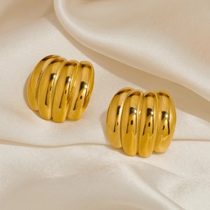 Boucles D'Oreilles Créoles Épaisses Nervurées En Forme De C En Cuivre Métal Poli Bijoux De Mode Pour Femmes