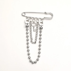Punk silver safety pin brooch with multi-layer chains, handcuffs and key pendants