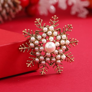 Broche Flocon De Neige Vintage Alliage Doré Künstliche Perles Blanches Épingle De Noël Pour Femmes Bijoux De Fête Cadeau