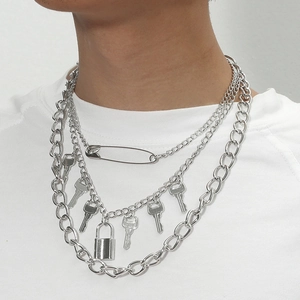 Collar Punk de Múltiples Capas de Aleación Con Perla Artificial Alfiler de Seguridad Llave Candado Colgante Joyas Hip Hop