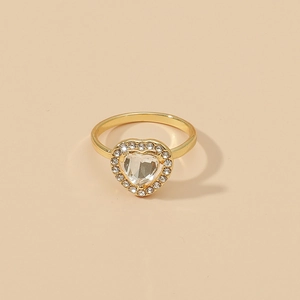 Elegant gold heart ring with crystal stone center and pavé zircon halo for women