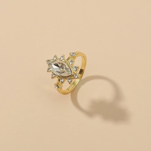 Minimalist gold alloy marquise rhinestone ring with sunburst crystal accents for women