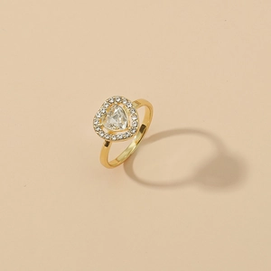 Elegant gold-tone heart-shaped ring with a large center stone and pavé diamond accents