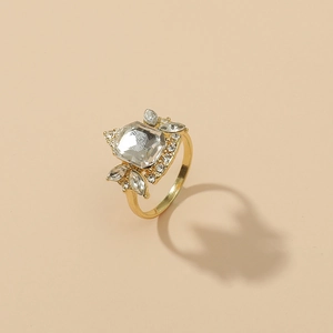 Vintage gold geometric ring with large rectangular crystal and sparkling diamond accents