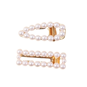 Elegant 2-piece set of white pearl hair clips with golden metal base for women