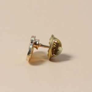 Detail showing the golden metal back and butterfly clutch closure of the cartoon brooch