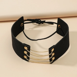 Minimalist black suede punk choker with gold metal chains and adjustable tie closure