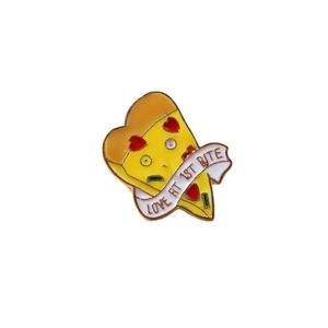 Cute cartoon pizza enamel pin with Love At 1st Bite text for creative backpacks