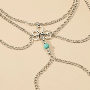 Vintage layered silver anklet with hollow flower charms and turquoise turquoise beads