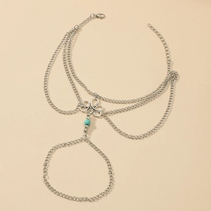 Bohemian silver multilayered flower anklet with turquoise beads and toe ring
