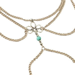 Retro multi-layer silver metal anklet featuring turquoise bead and hollow floral carving