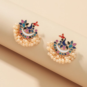 Peacock shaped enamel tassel earrings with bohemian pearls in ethnic gold style