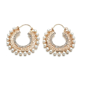 Elegant gold-plated hollow hoop earrings with white pearls and sparkling cubic zirconia