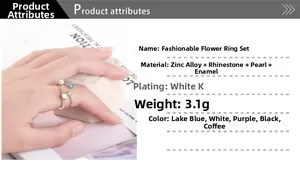 Detail view of zinc alloy flower ring with pearls, rhinestones and specifications