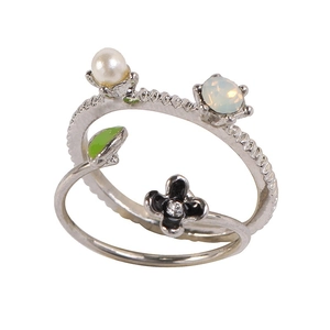 Minimalist silver open rings set with pearl, opal, and floral enamel details
