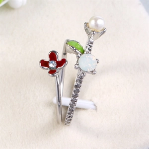 Women Fashion Alloy Flower Open Ring With Imitation Artificial Pearl Opal Style Stone Adjustable Silver Color Nature Design Jewelry