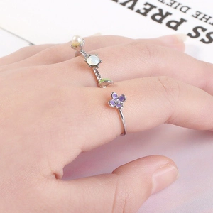 Adjustable silver flower ring with purple petal, pearl and white opal gemstone