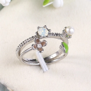 Floral double-layer silver adjustable ring with opal, pearl, flower and green leaf
