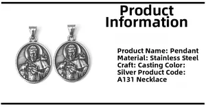 Detail of silver stainless steel oval medallion pendant with religious figure engraving
