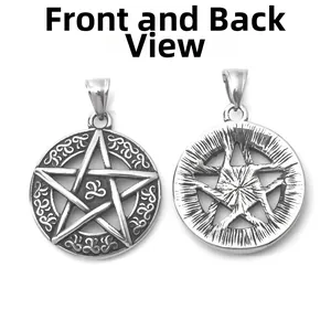 Vintage roestvrijstalen Viking pentagram hanger met Noorse runen aan beide zijden getoond