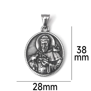 Detailed size view of oval stainless steel vintage religious saint pendant, 38mm x 28mm