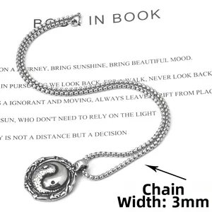 Detail of 3mm width round box chain and silver Tai Chi Yin Yang pendant necklace