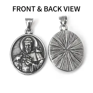 Oval stainless steel pendant with religious saint relief and radial sunburst texture