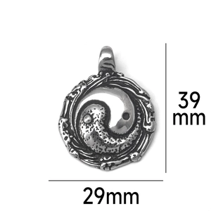 Detail showing the 39mm height and 29mm width dimensions of the Yin Yang pendant