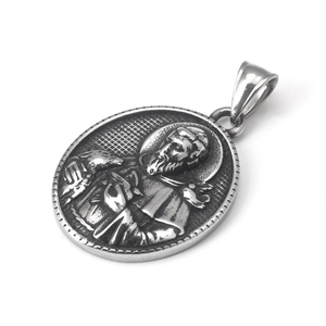 Vintage stainless steel oval religious saint pendant necklace with embossed relief design