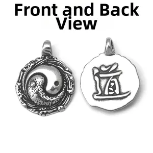 Vintage stainless steel Tai Chi Bagua pendant with Taoist engraving in retro silver