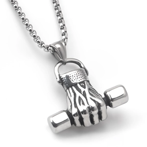 Collana con Ciondolo Mano con Manubrio in Acciaio Inossidabile per Uomo Fitness Palestra Punk Hip Hop Gioielli Retro