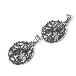 Vintage oval stainless steel pendant necklace with embossed religious saint and birds