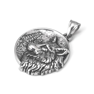 Vintage roestvrijstalen wolfskop hanger ketting met gegraveerde details van bos
