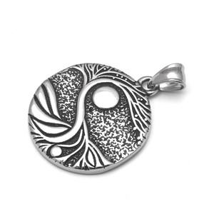 Zilveren roestvrijstalen Levensboom hanger met Yin Yang motief op witte achtergrond