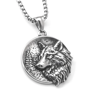 Vintage Roestvrij Staal Wolfskop Hanger Halsketting Voor Heren Dames Punk Rock Hip Hop Bos Reliëf Ronde Medaillon Sieraden