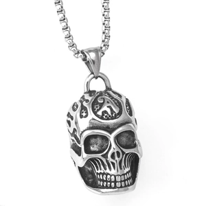 Collier Pendentif Crâne en Acier Inoxydable Vintage pour Hommes Femmes Bijoux Punk Hip Hop Dark Gothic avec Lettre A et Motif de Flamme