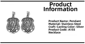 Macro view of casting process details and St. Michael engraving on stainless steel pendant