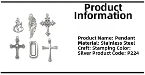 Detail view of silver stainless steel swan, cross, and feather pendants for DIY jewelry