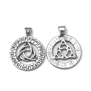 Collier Viking vintage en acier inoxydable avec nœud de Triquetra et gravures runiques