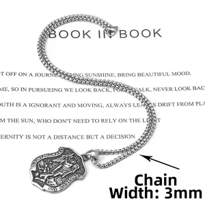 Detail of St. Michael shield pendant showing a 3mm wide stainless steel pearl chain
